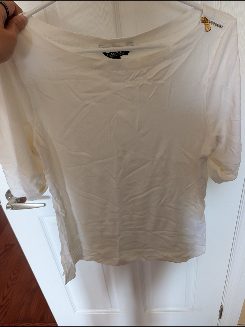 Polo by Ralph Lauren White Boatneck Short Sleeve Top with Gold Zip Accent